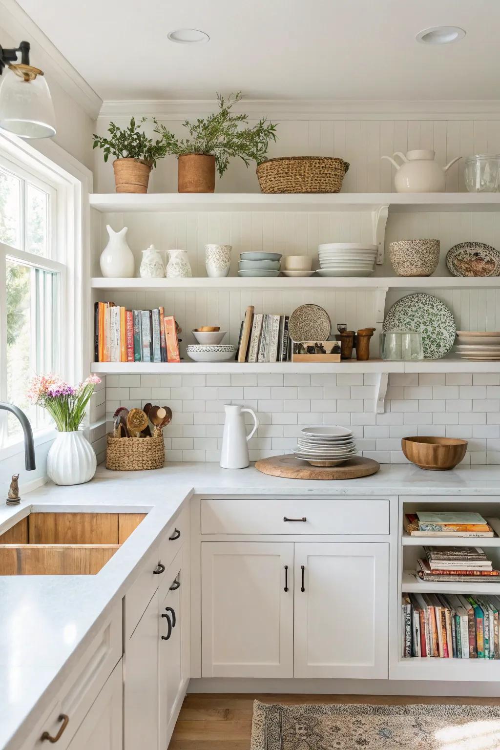 Open shelves blend utility with attractive display.