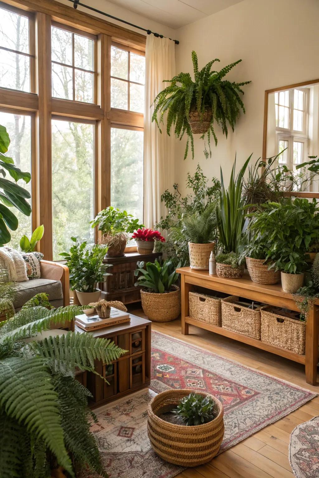 A living room enhanced by the presence of indoor plants.