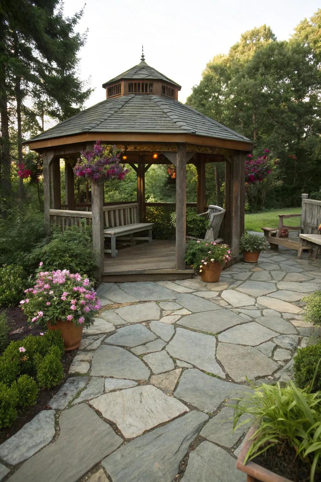 Stone paving infuses rustic charm into your gazebo.