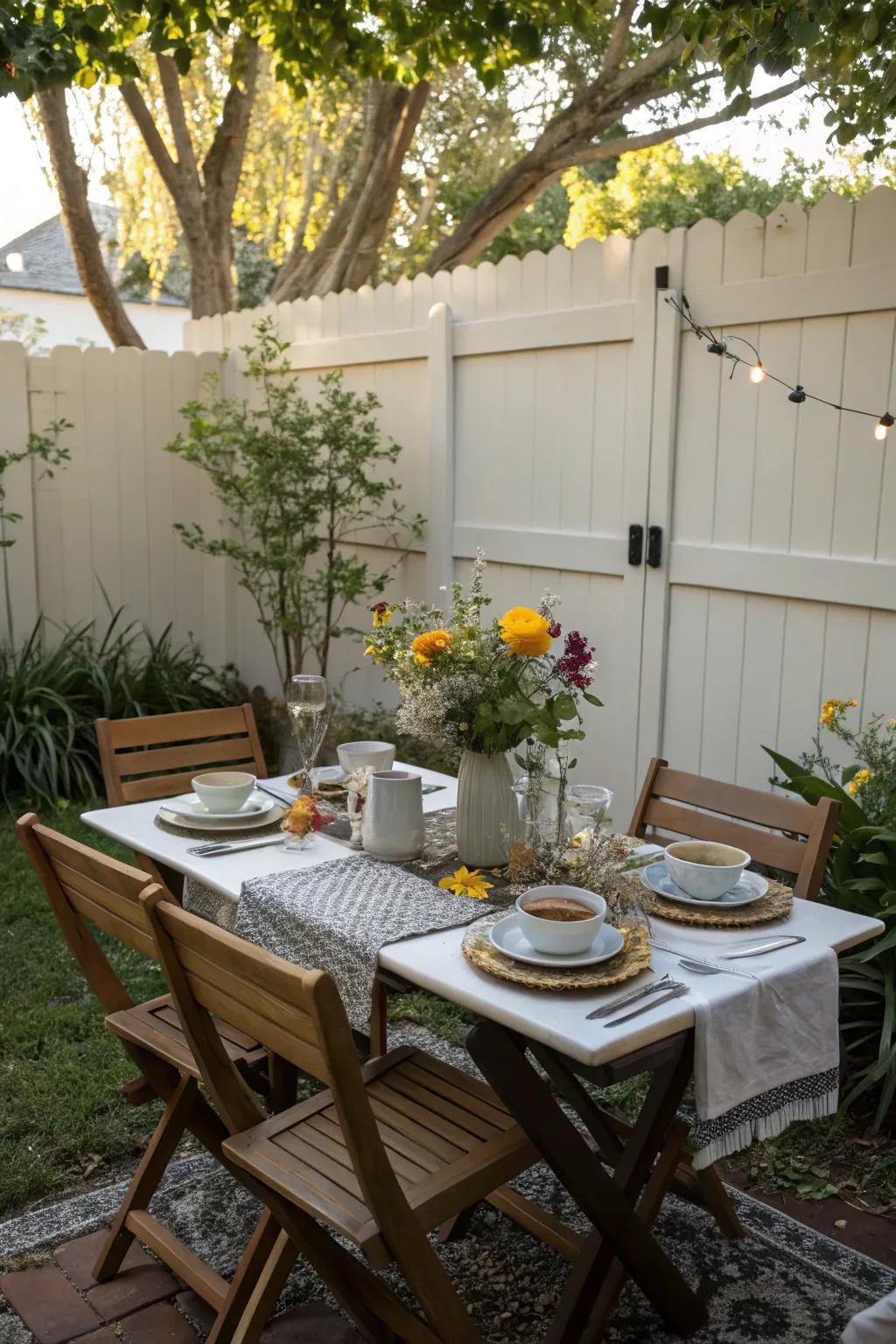 With a comfortable dining arrangement, enjoy meals outside.