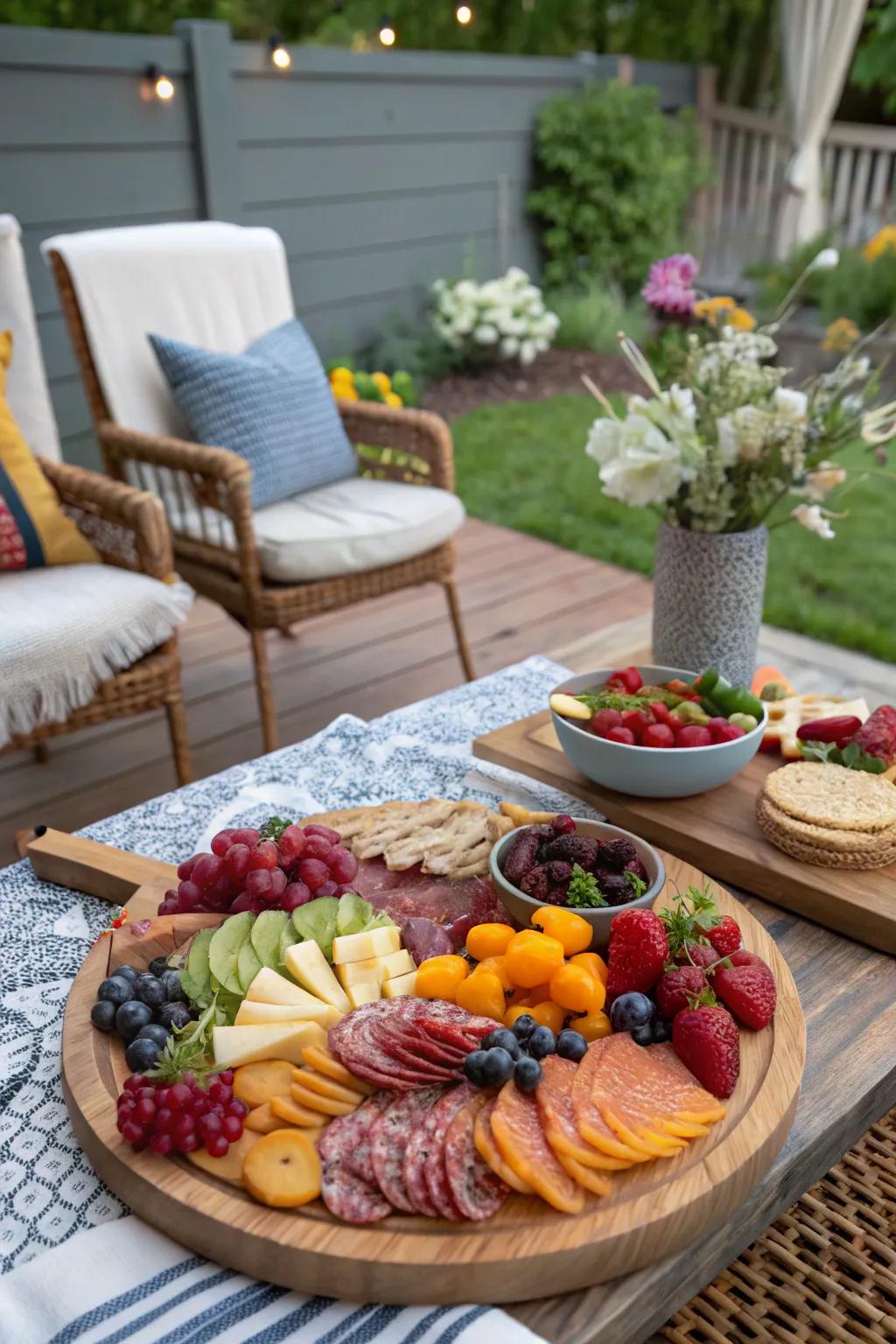 A vibrant charcuterie board with assorted snacks
