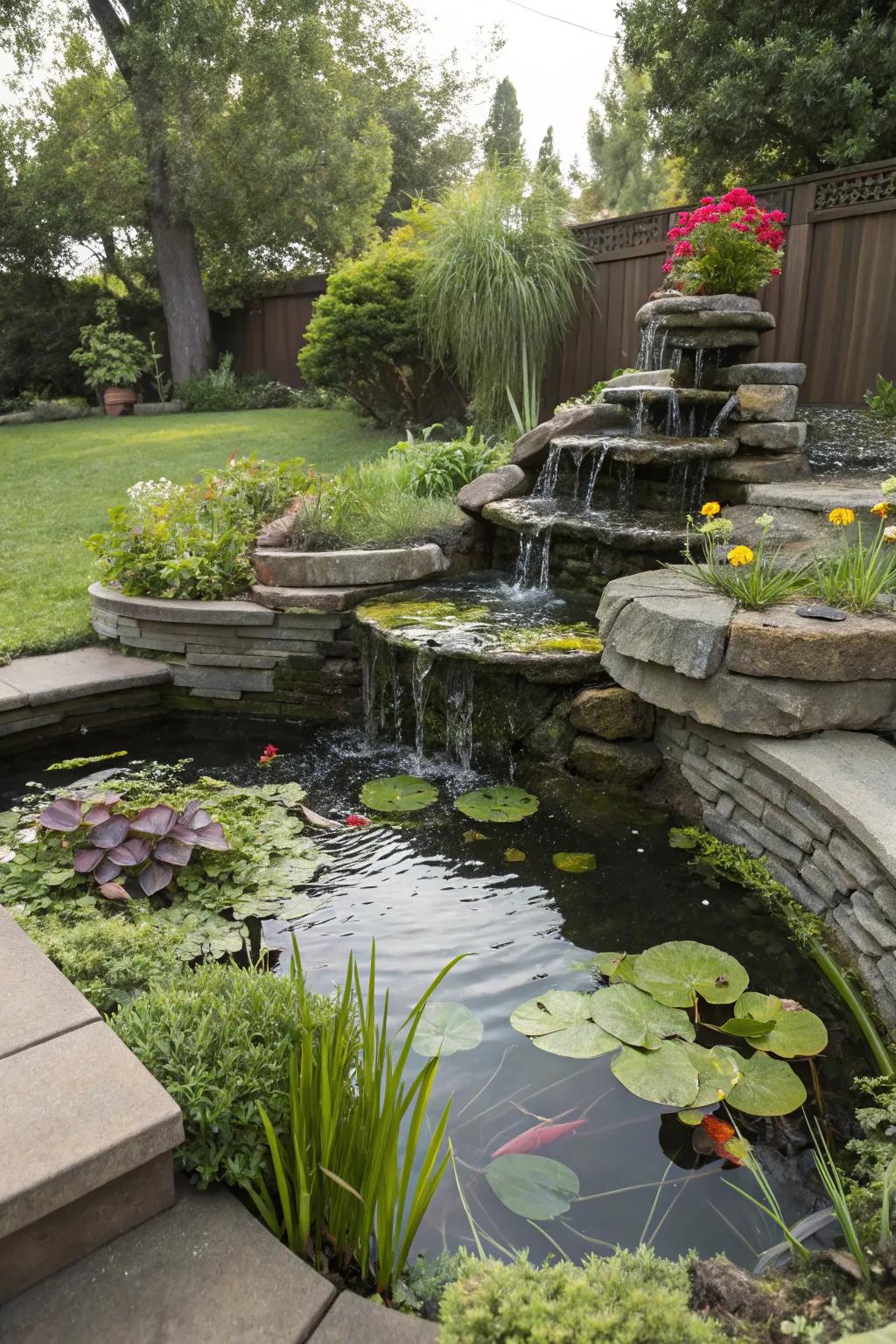 A tiered pond design adds layers and depth to a small space.