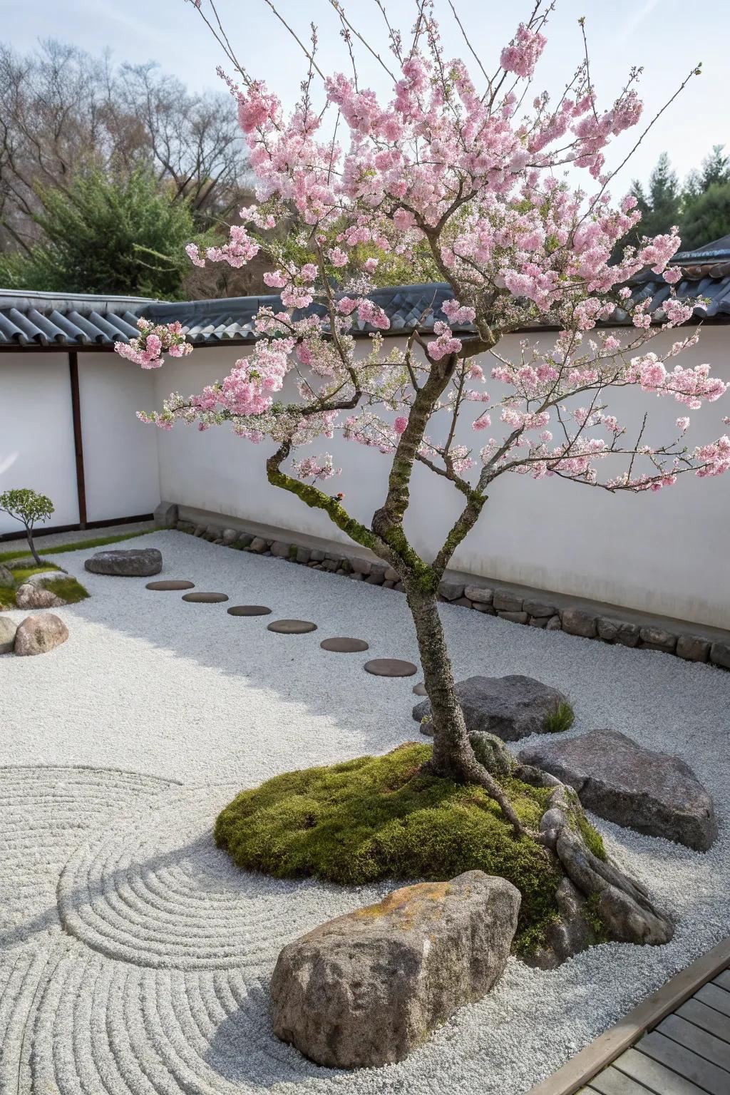 A zen garden showcases a small cherry blossom tree at its peak, adding seasonal charm.