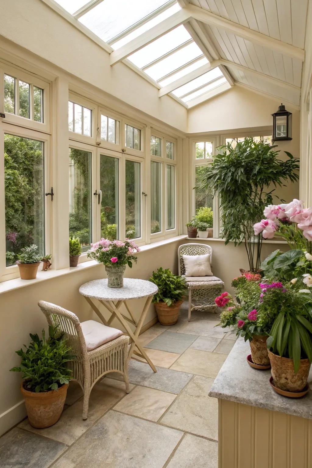 Light colors enhance the airy feel of small conservatories.