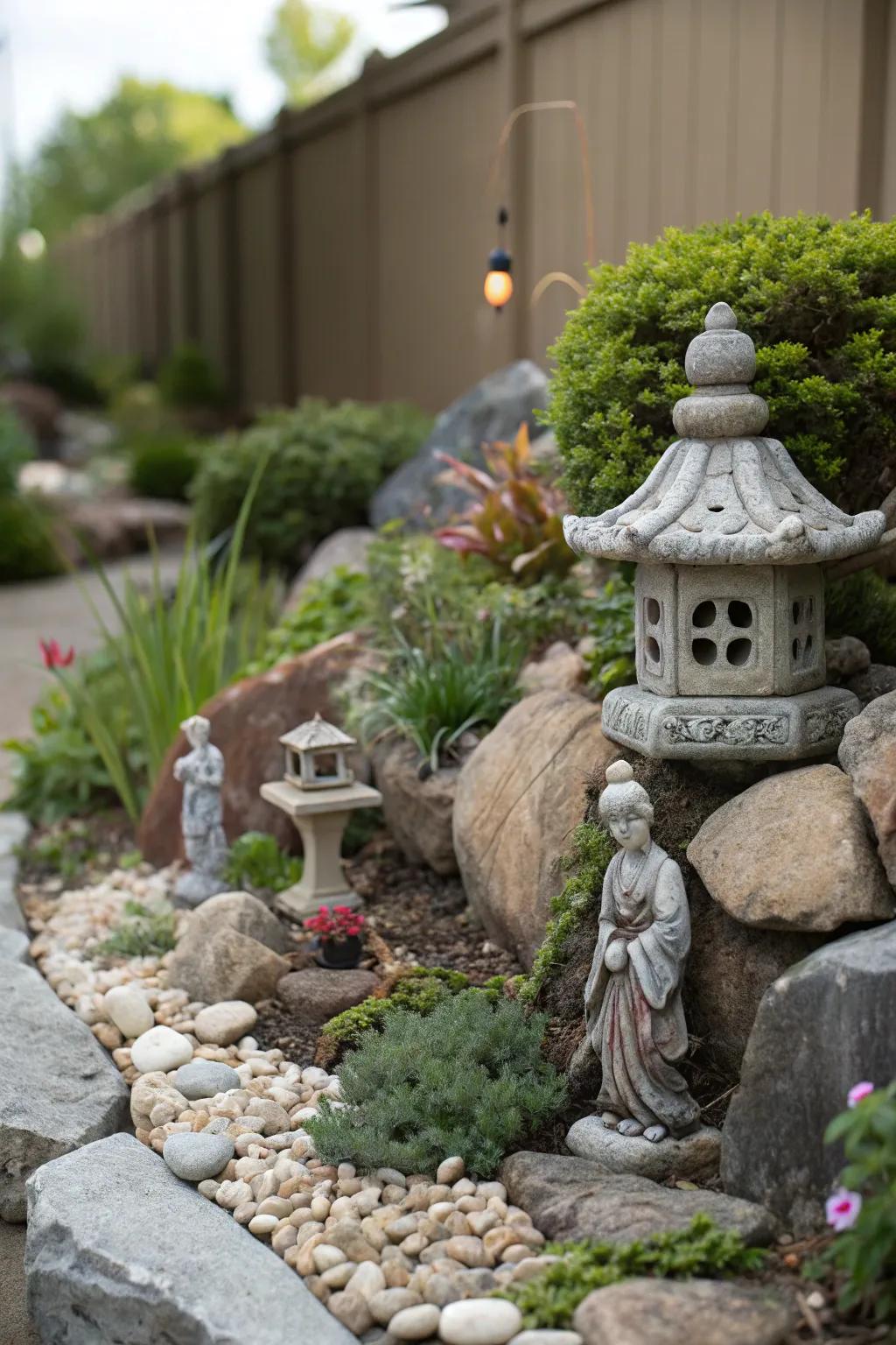 Garden ornaments add character to a small rock garden.