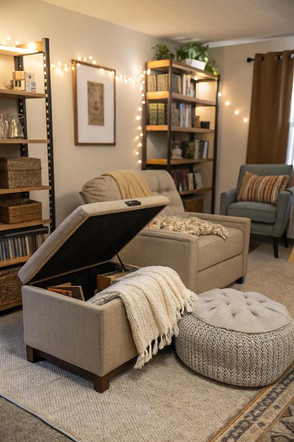 Multifunctional furniture optimizes space and utility.