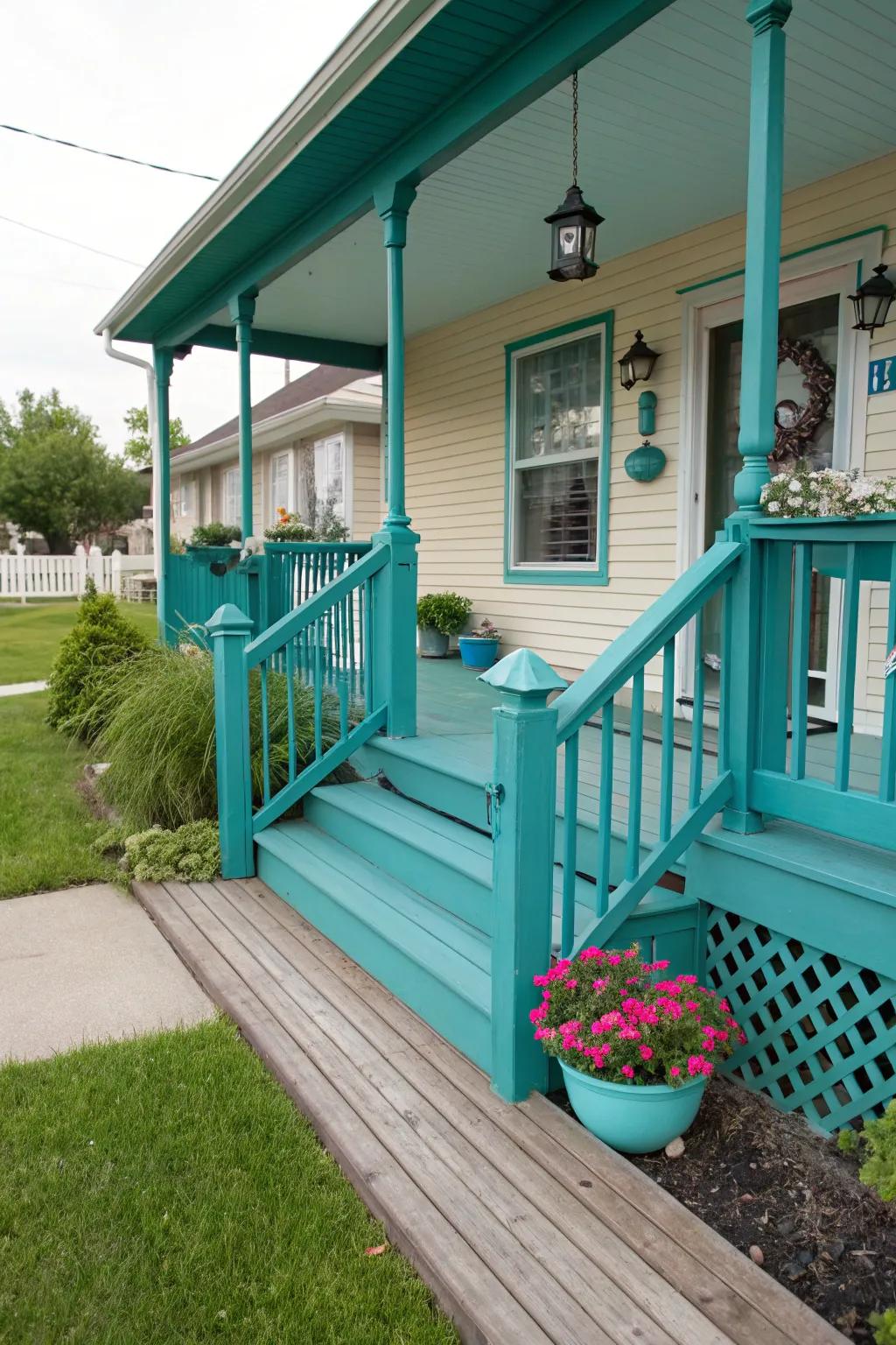 Turquoise accents create harmony with the home's exterior.