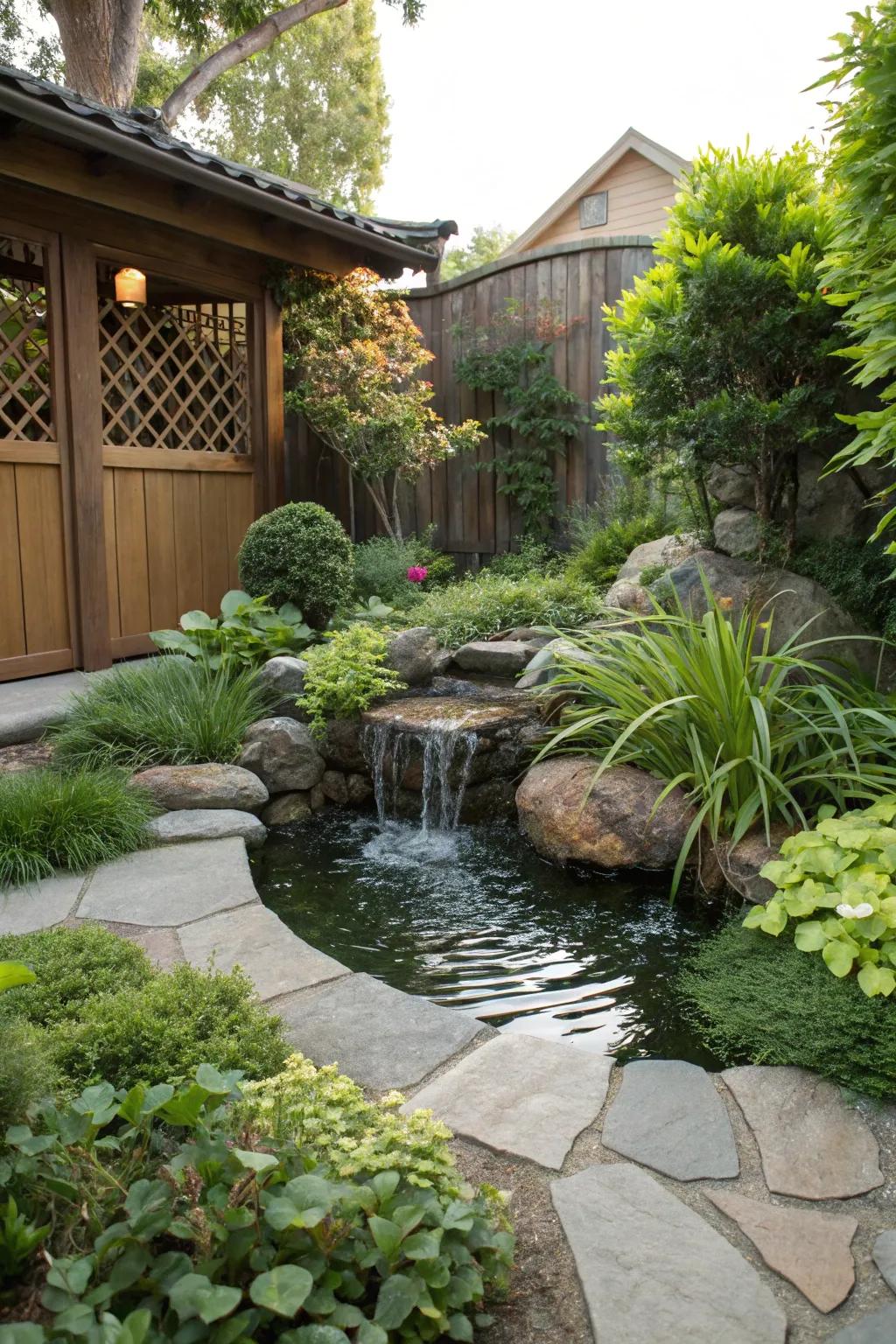 A tranquil aqua feature encompassed by lavish greenery.