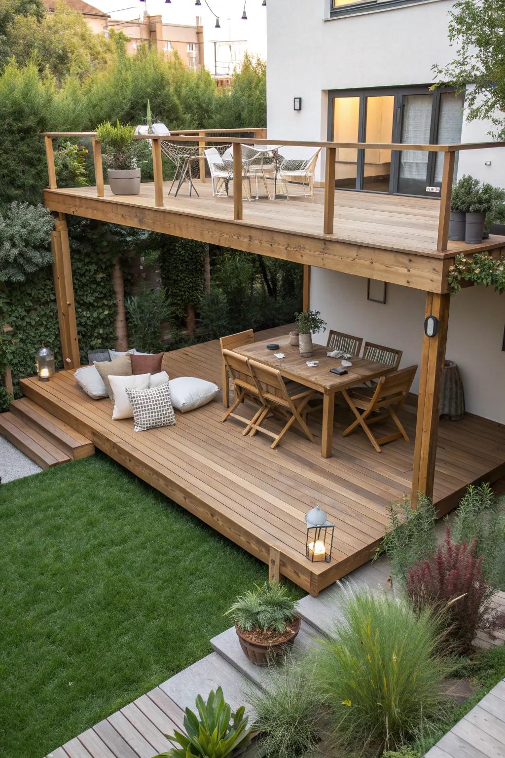 Transform your small garden with a dual-level deck: a perfect blend of elegance and functionality for dining and lounging.