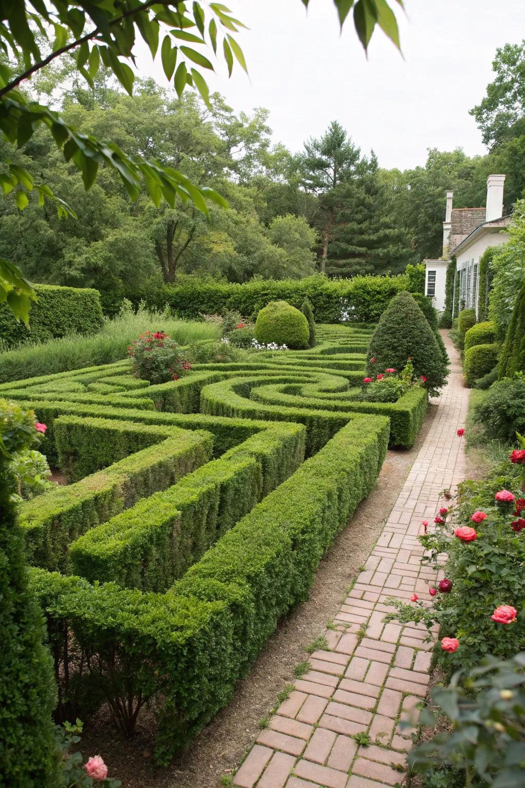 A charming green fence maze appending playfulness to the outdoor space.