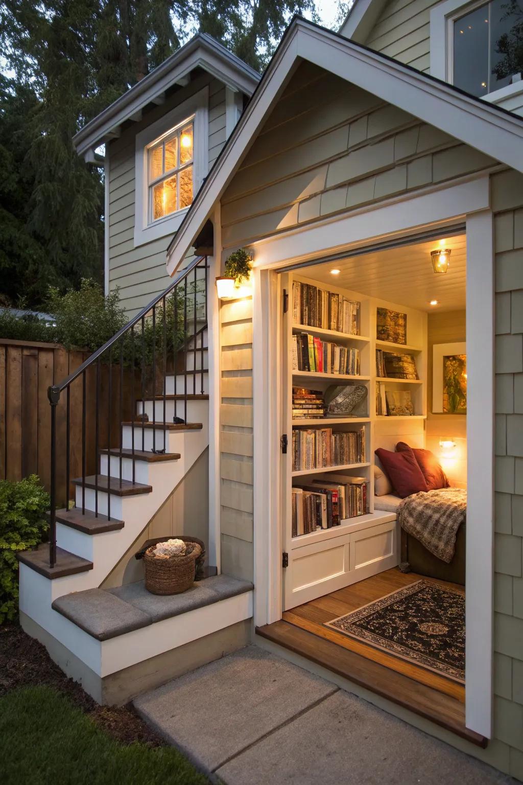 A small home showcases under-stair storage and a comfortable mini-library.