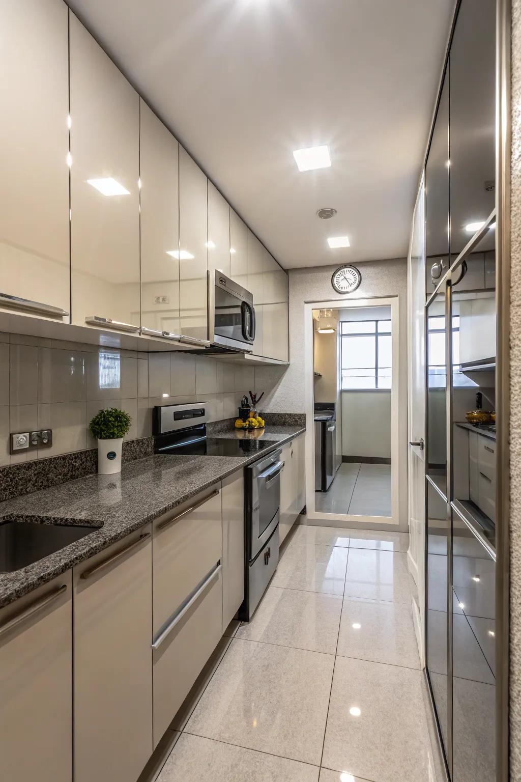 Mirrors in kitchens enhance light and space, perfect for compact areas.