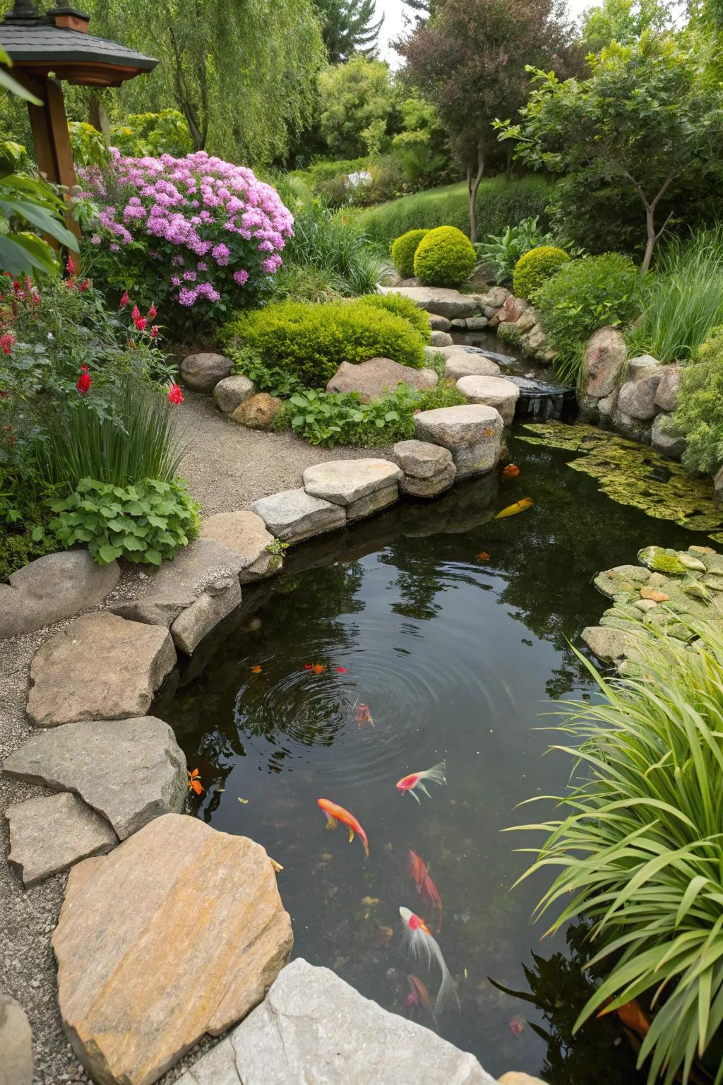 A small koi pond that blends in perfectly with natural stone borders.