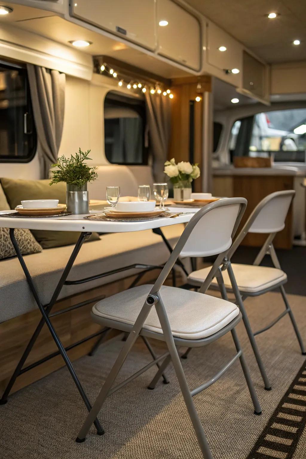 Folding chairs provide adaptable seating solutions.