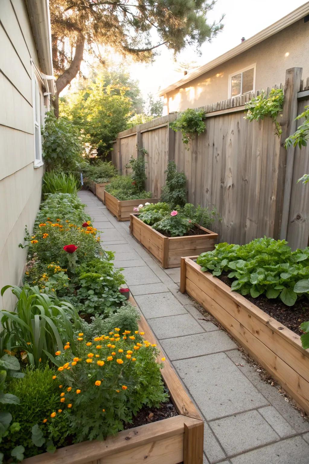 Elevated beds establish an abundant garden oasis within confined side yards.