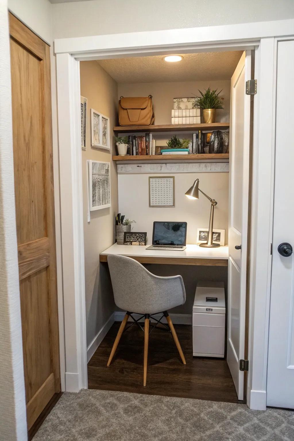 A cleverly changed wardrobe turned into a functional office space.