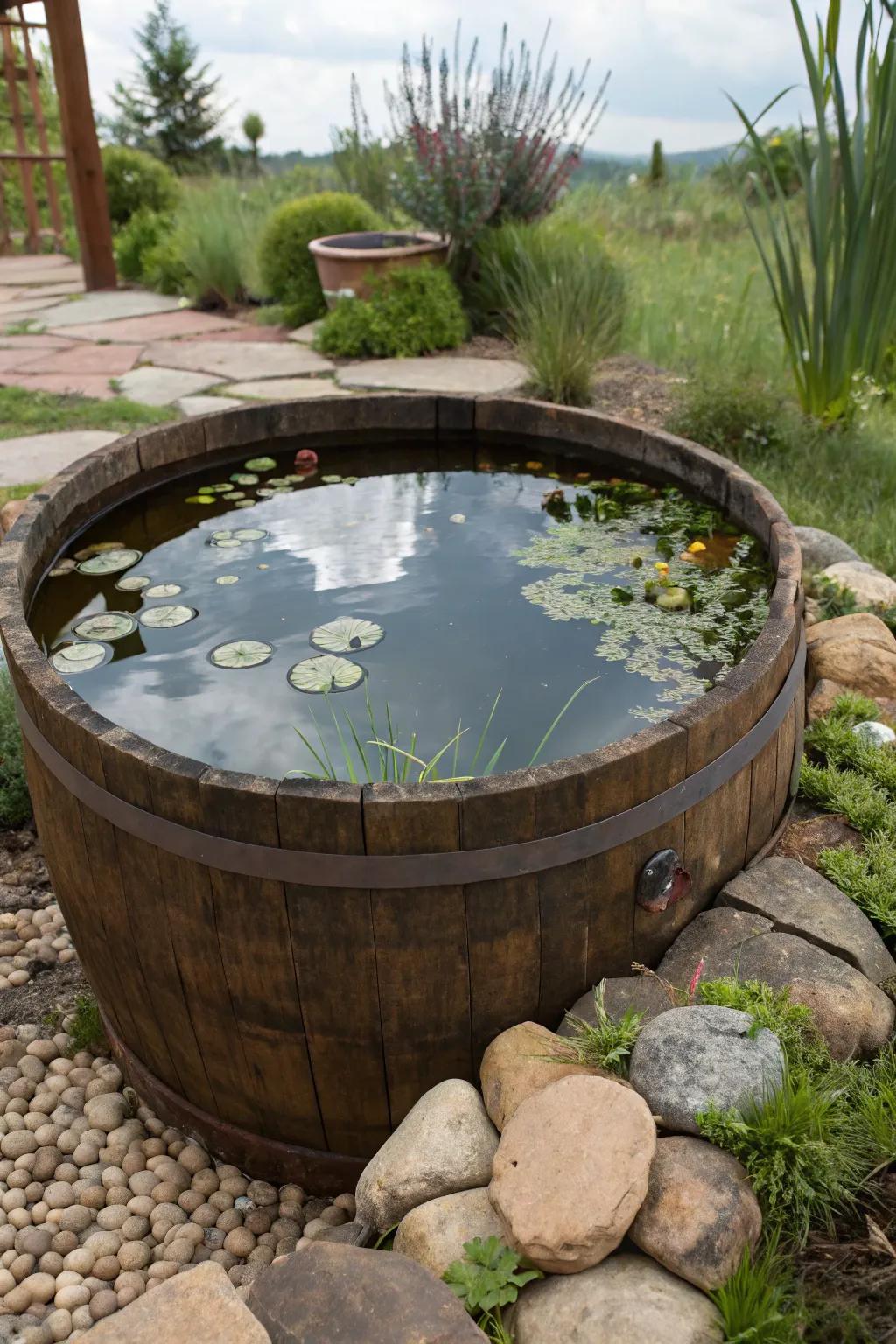 An old barrel is revitalized as a charming compact pond.