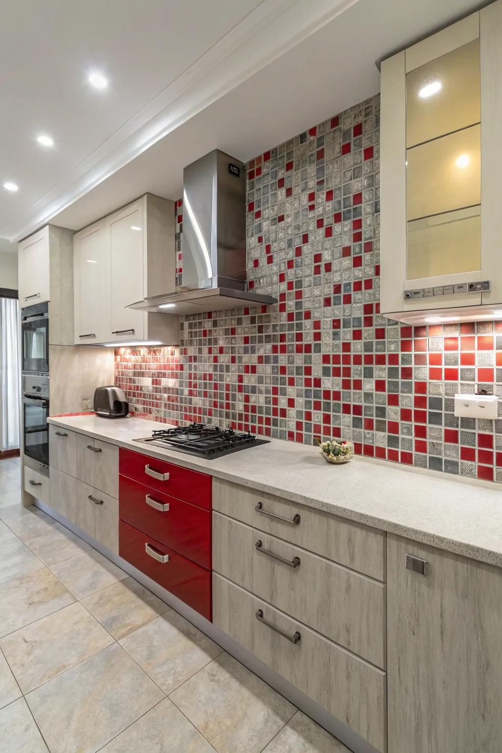 Artistic rouge and muted decorative tiles adding a unique charm.