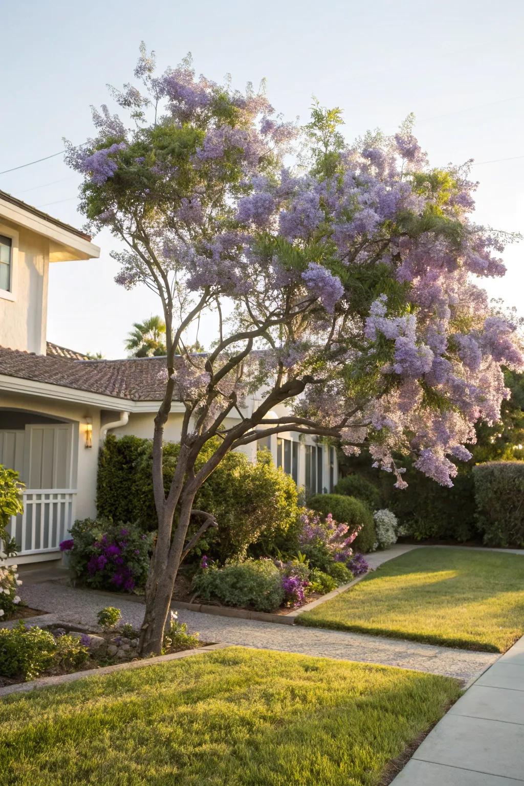A Vitex agnus-castus providing a tranquil, colorful display in a front yard.