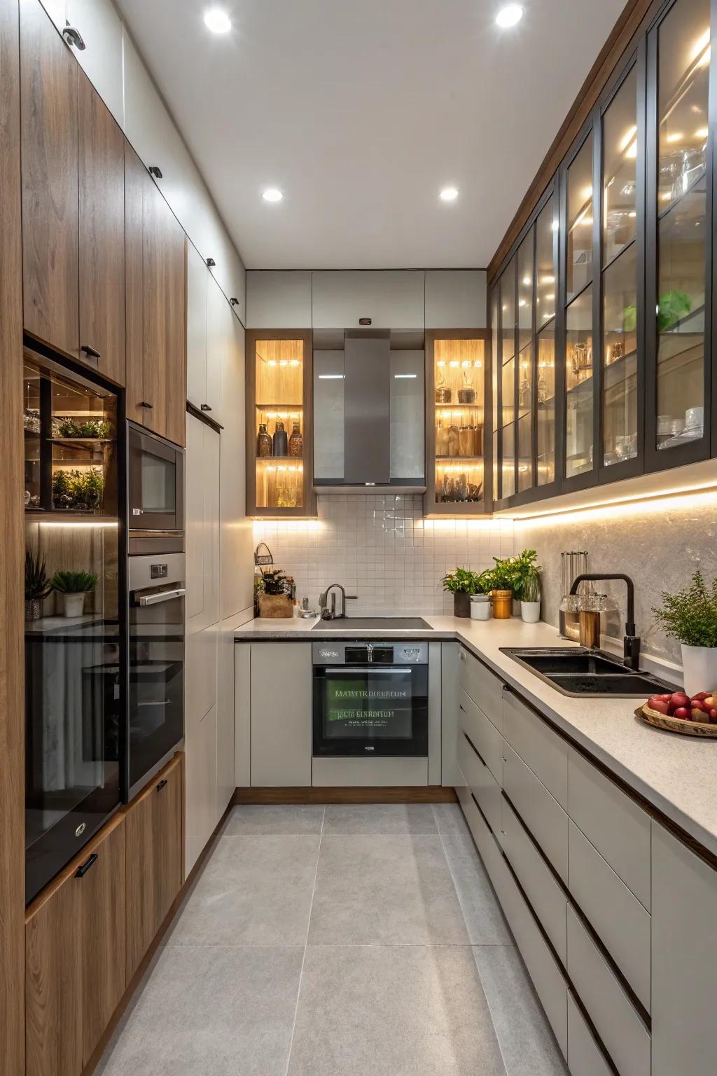 Glass-front cabinets offer a chic and spacious feel.