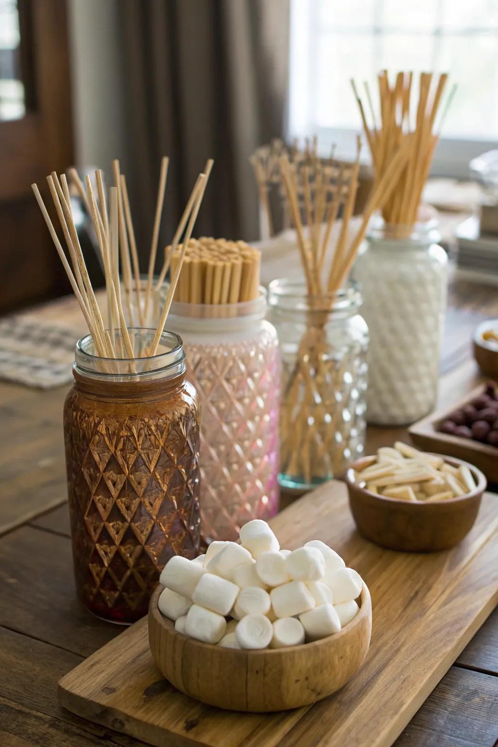 Stylish skewer displays can enhance the overall look of your s'mores station.
