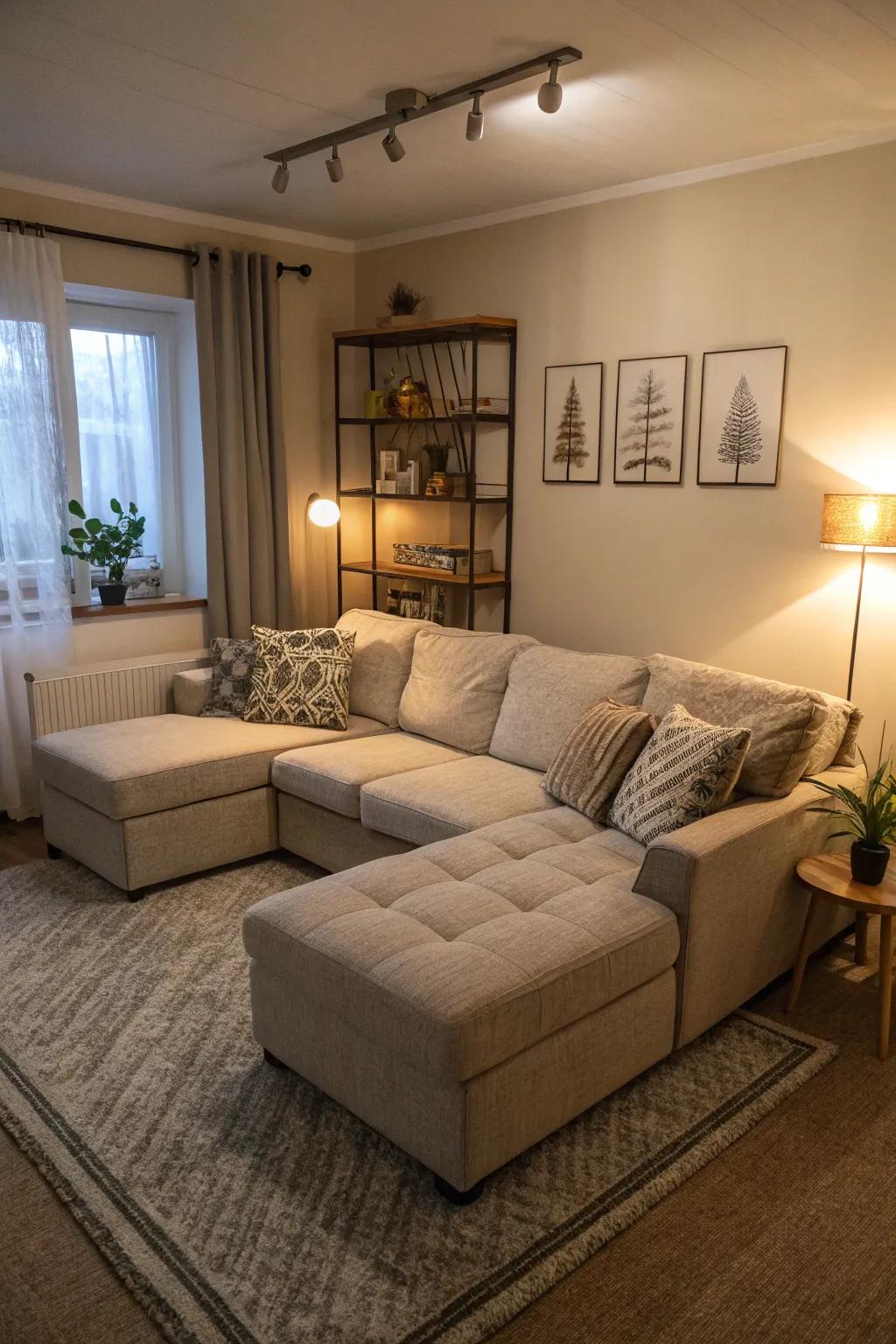 A modular sofa offering customizable seating in a small living room.