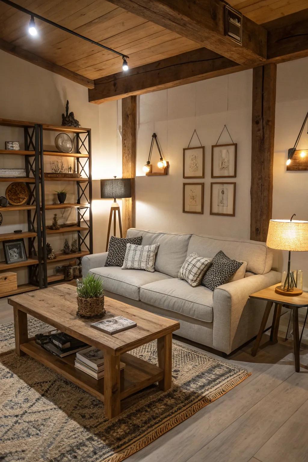 Rustic features harmonize with modern design for a comfortable living space.