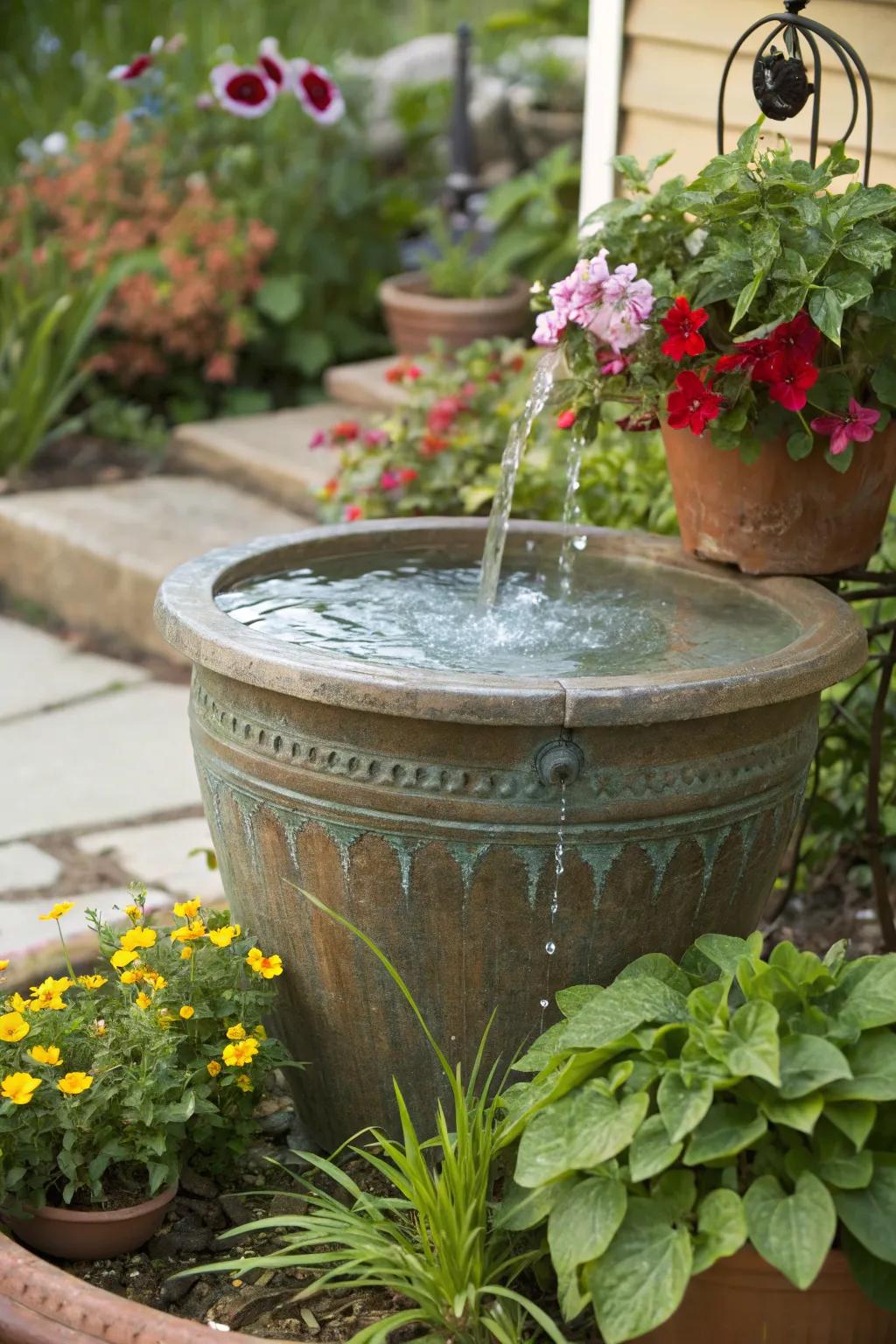 An old pot reimagined as a charming solar-operated fountain.