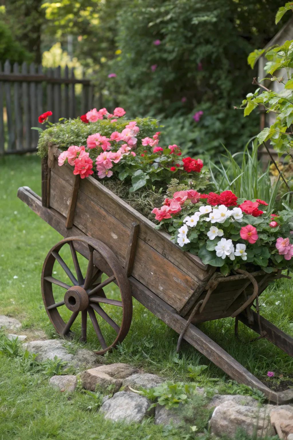 Transform your garden with a charming rustic wheelbarrow overflowing with vibrant begonias.