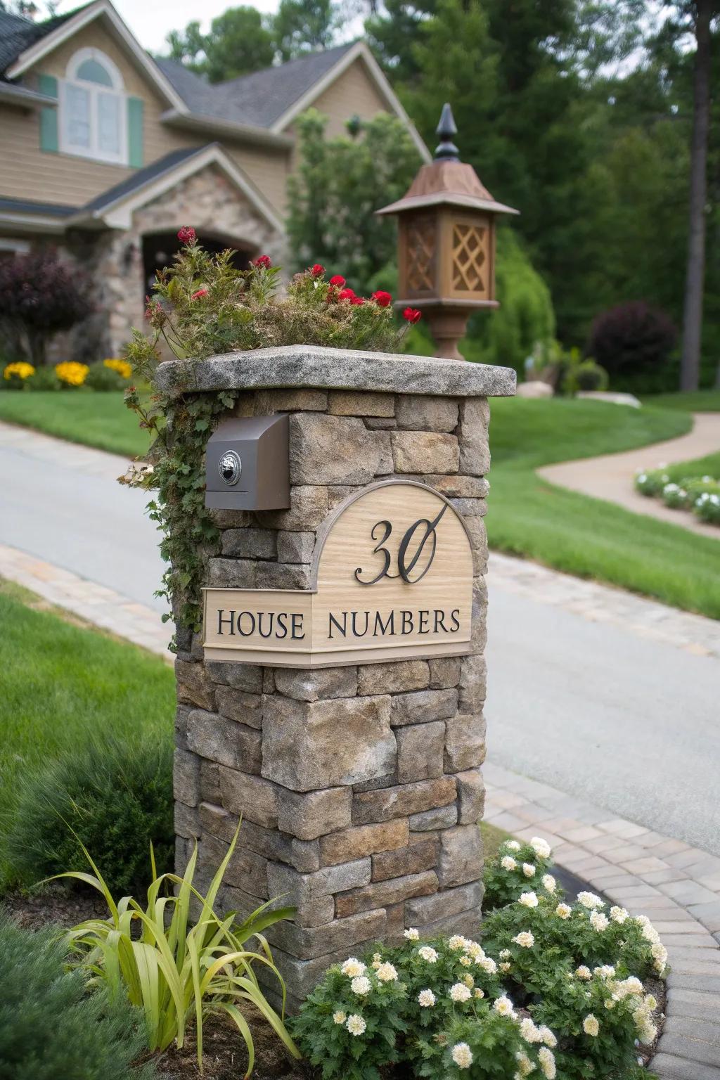 A stone mailbox pillar featuring personalized home numbers.