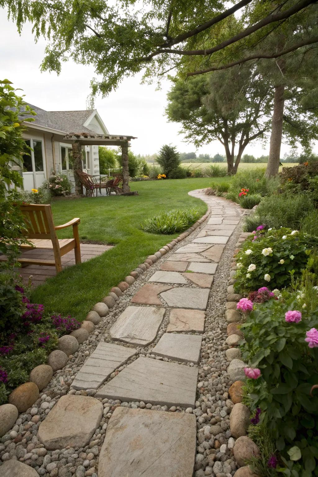 A stone walkway framed with decorative pebble borders.