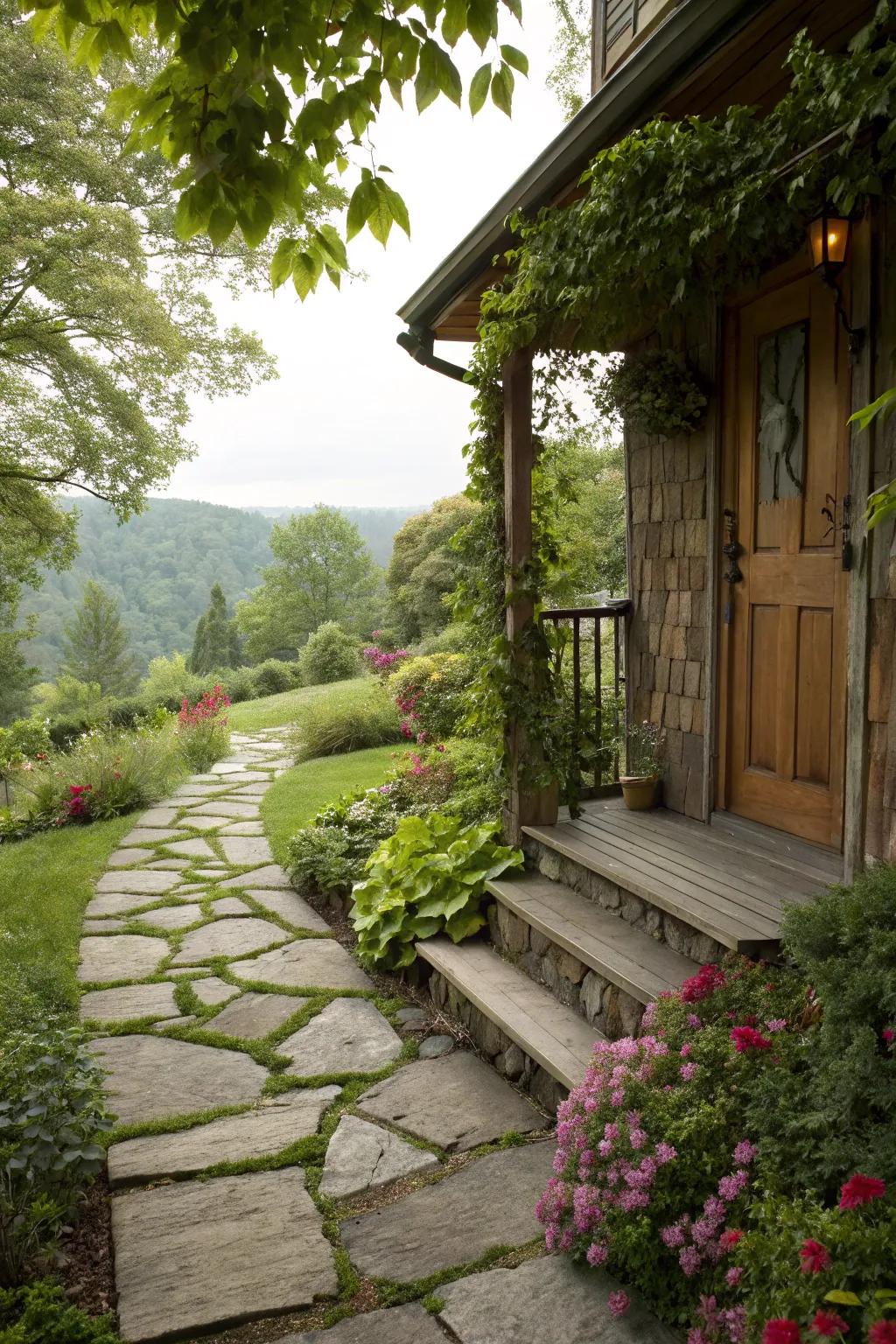 A stone pathway introduces a rustic essence to the stoop entry.