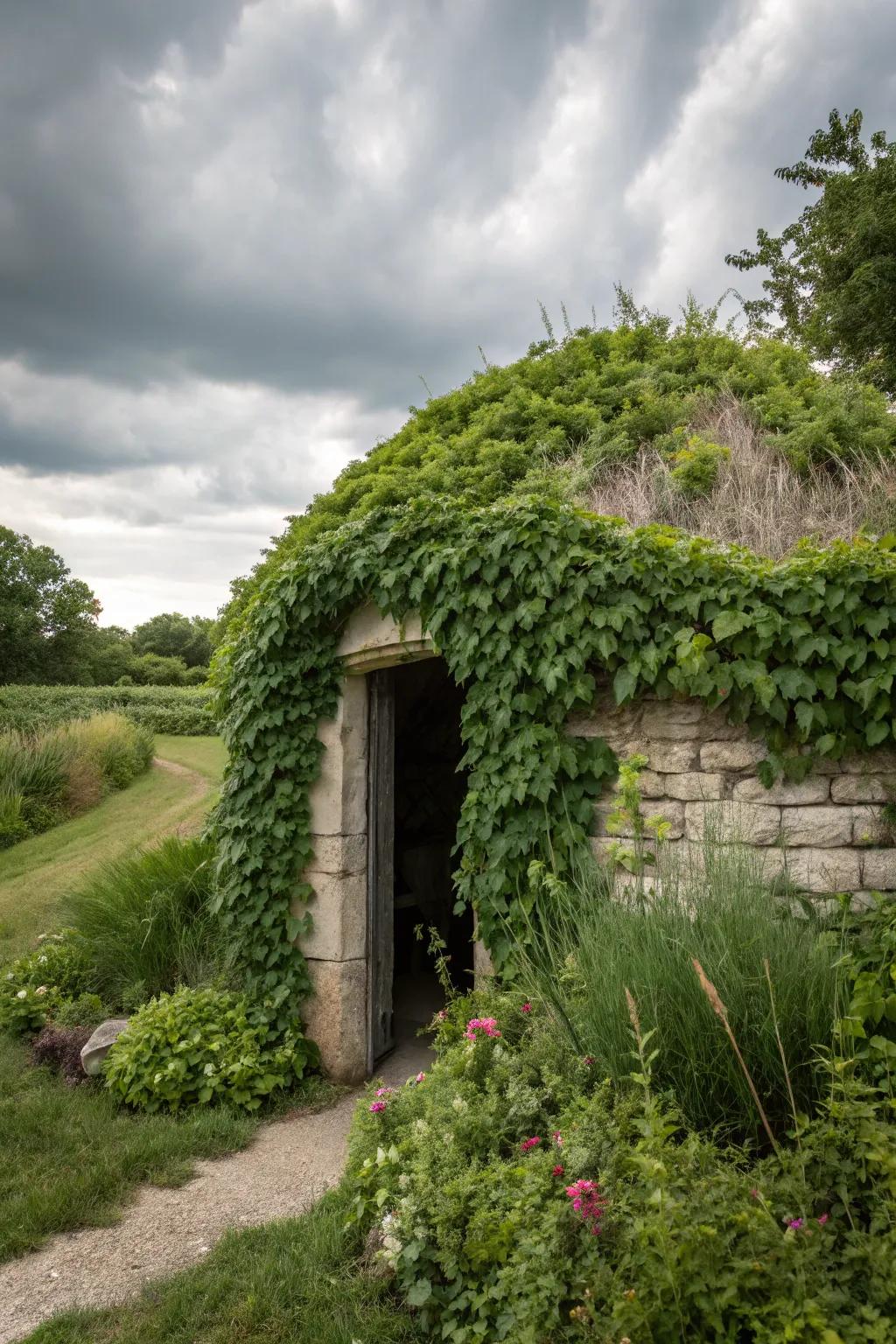 Climbing vines offer a thick, natural covering for your storm shelter.