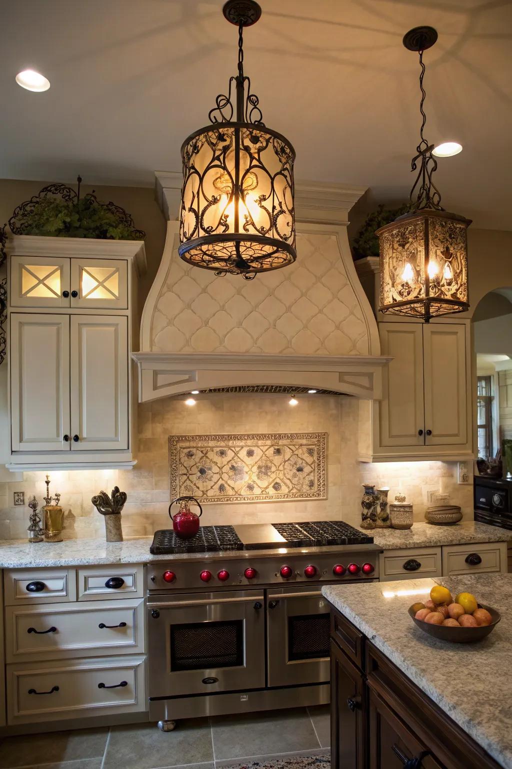 A stove alcove enhanced with decorative pendant lighting, adding ambiance and style to the kitchen.