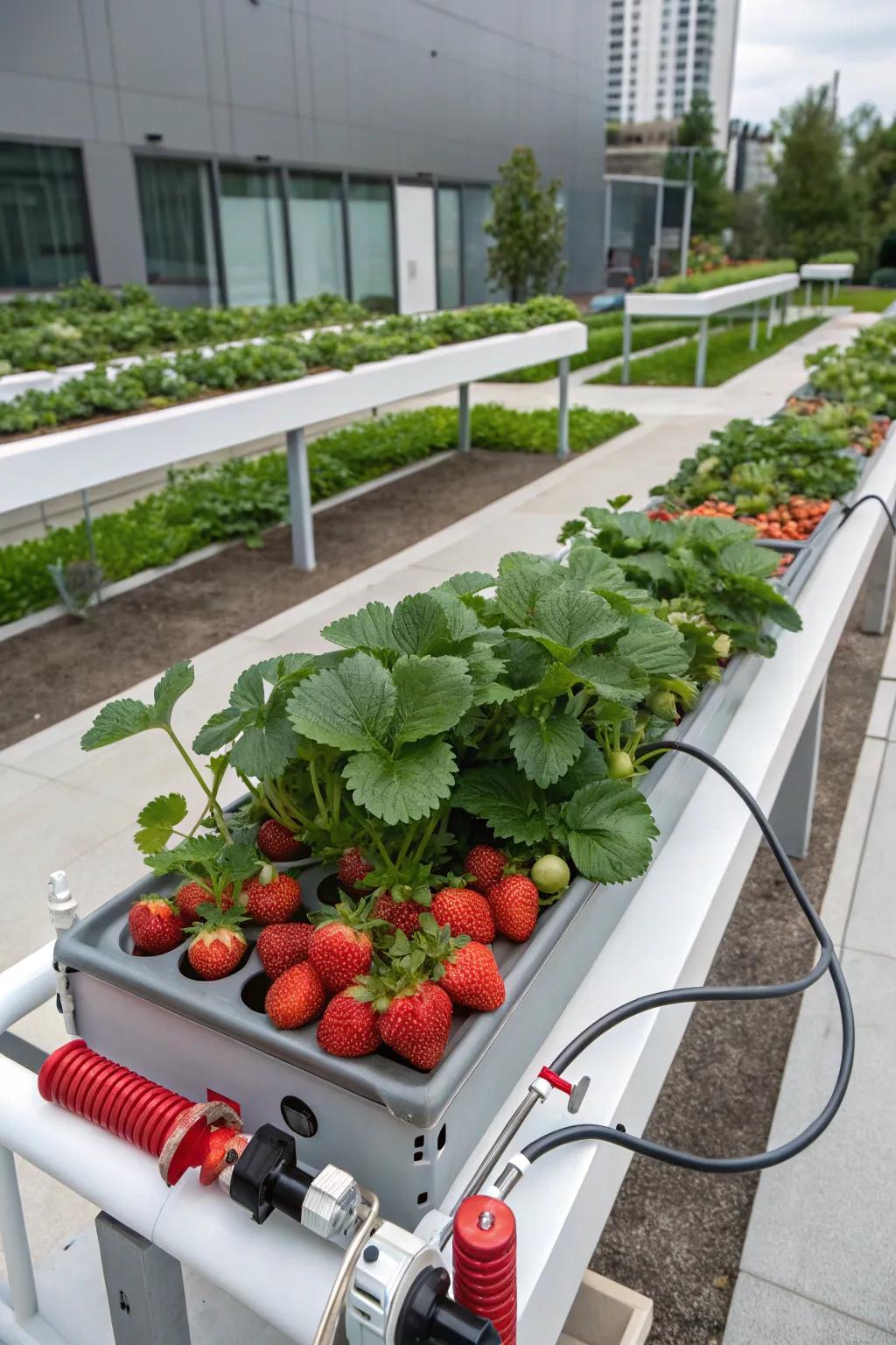 A modern hydroponic setup for growing strawberries.