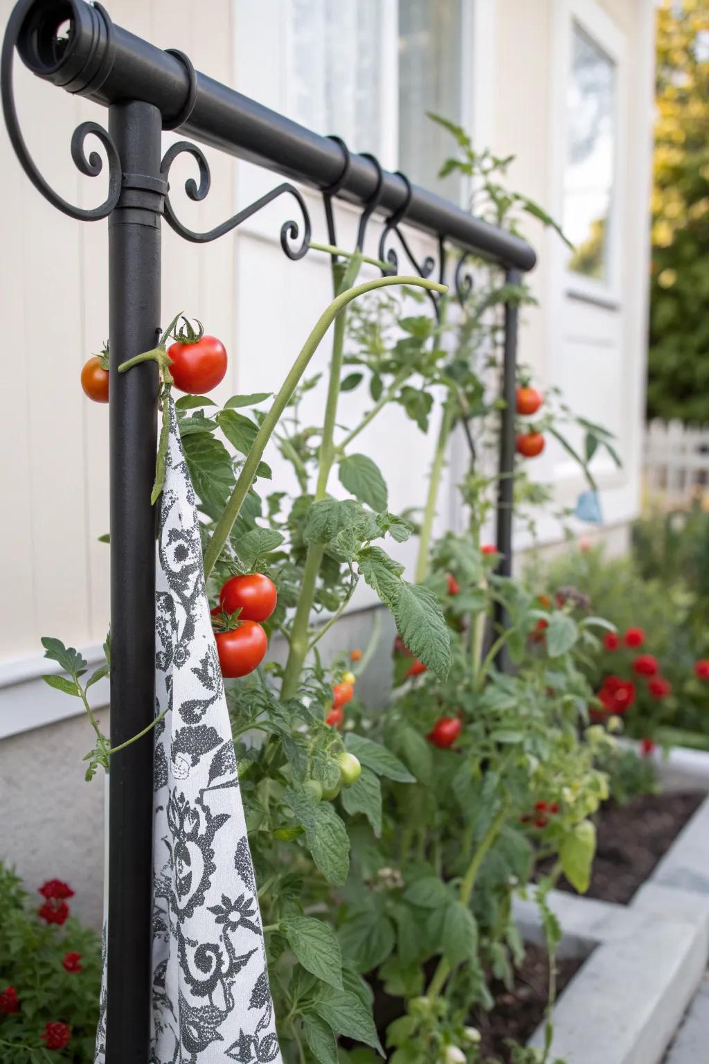 Transform your garden with a touch of elegance: Repurpose a curtain rod into a stunning tomato trellis!