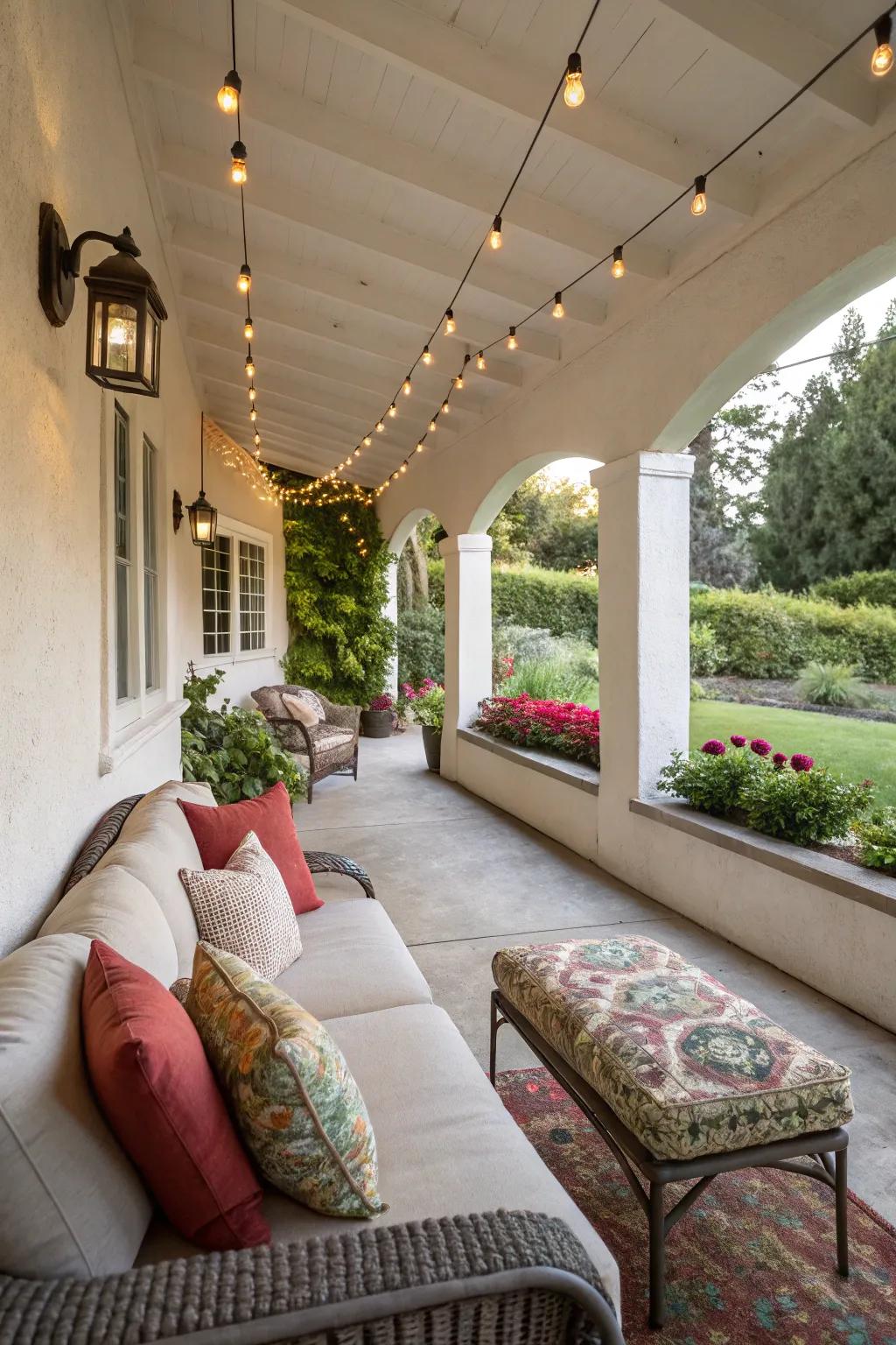 A covered porch makes it possible to enjoy the outdoors all year round.