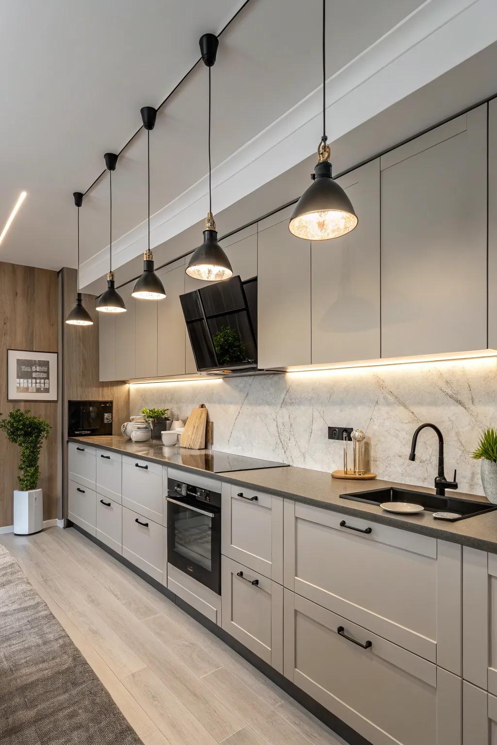 Modern fixtures add a touch of style to a compact kitchen.