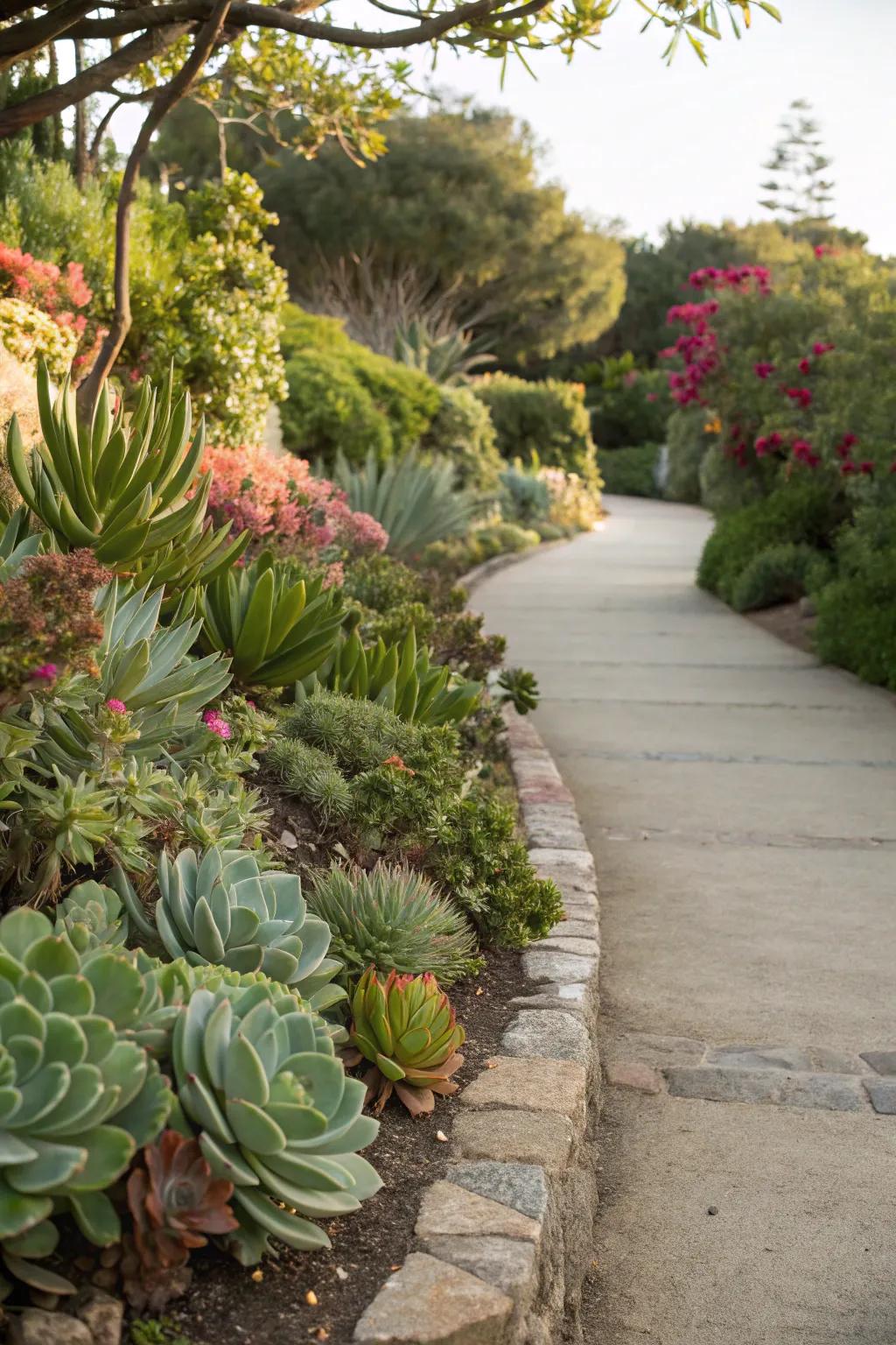 A pathway beautifully edged with lush succulents, creating a natural look.