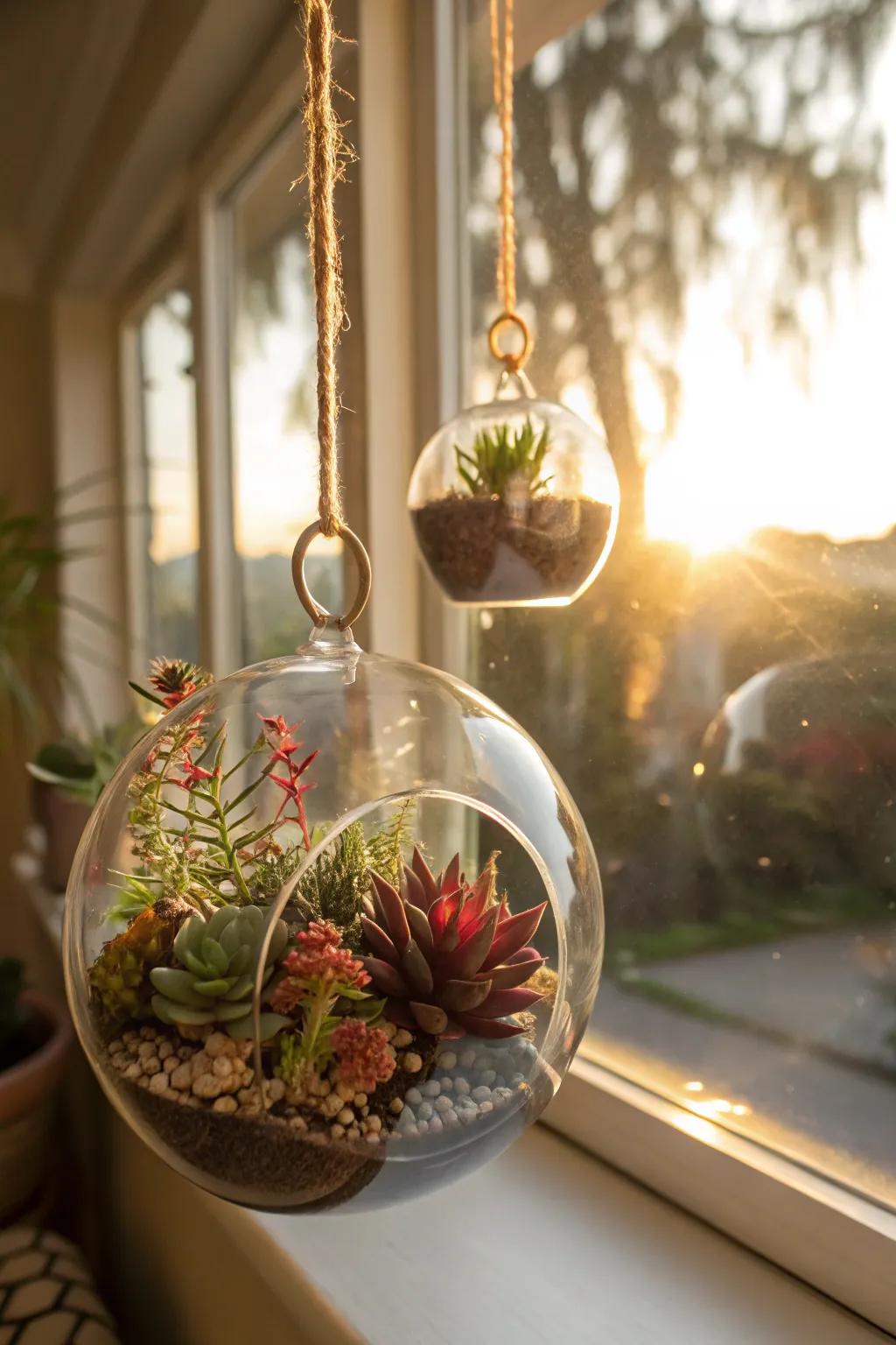 Glass globes filled with succulents create enchanting light play.