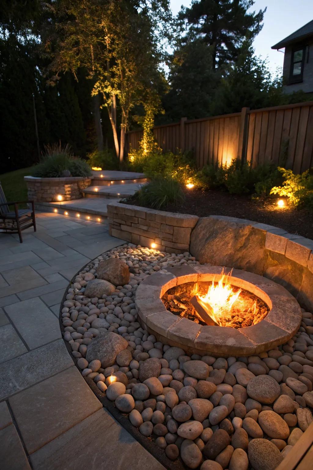 Integrated lights includes a magical touch to this below-ground fire pit.