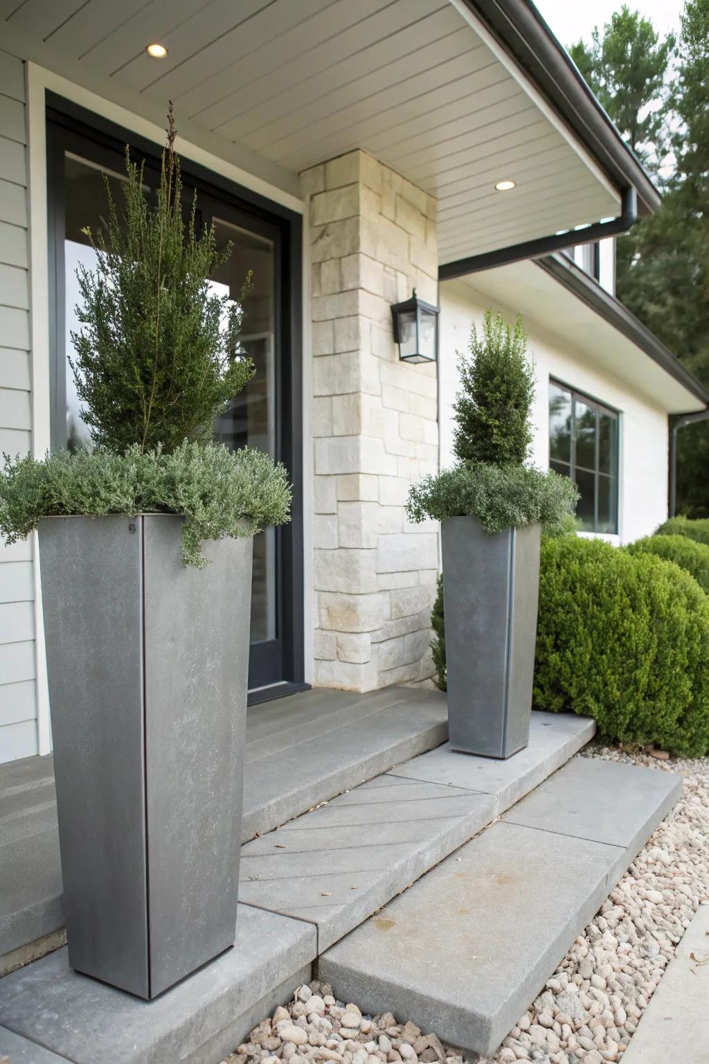 Minimalist metal planters bring a modern touch.