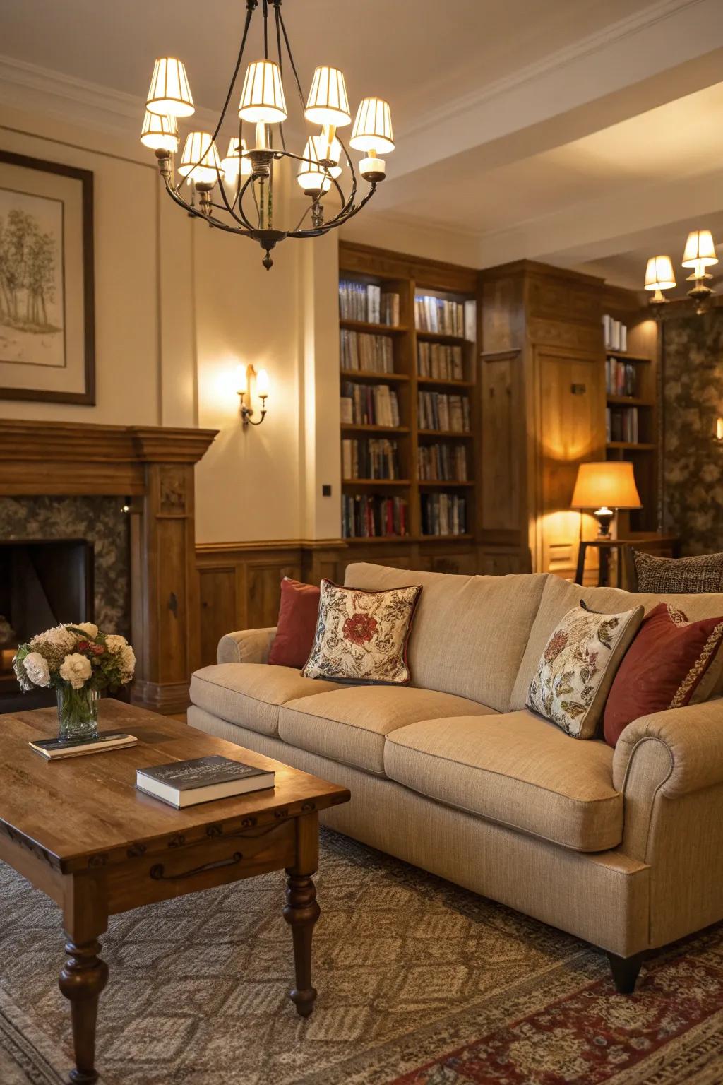 Lighting highlights the tan couch and creates a cozy atmosphere.