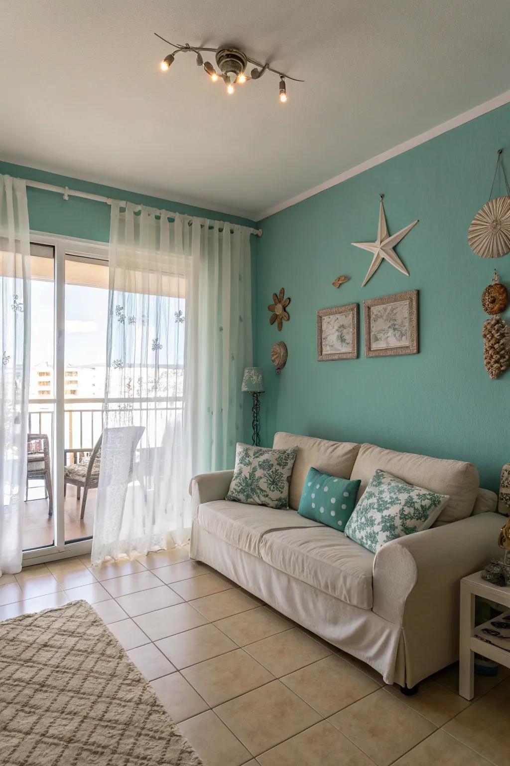 Teal and beige evoke a calming coastal vibe.