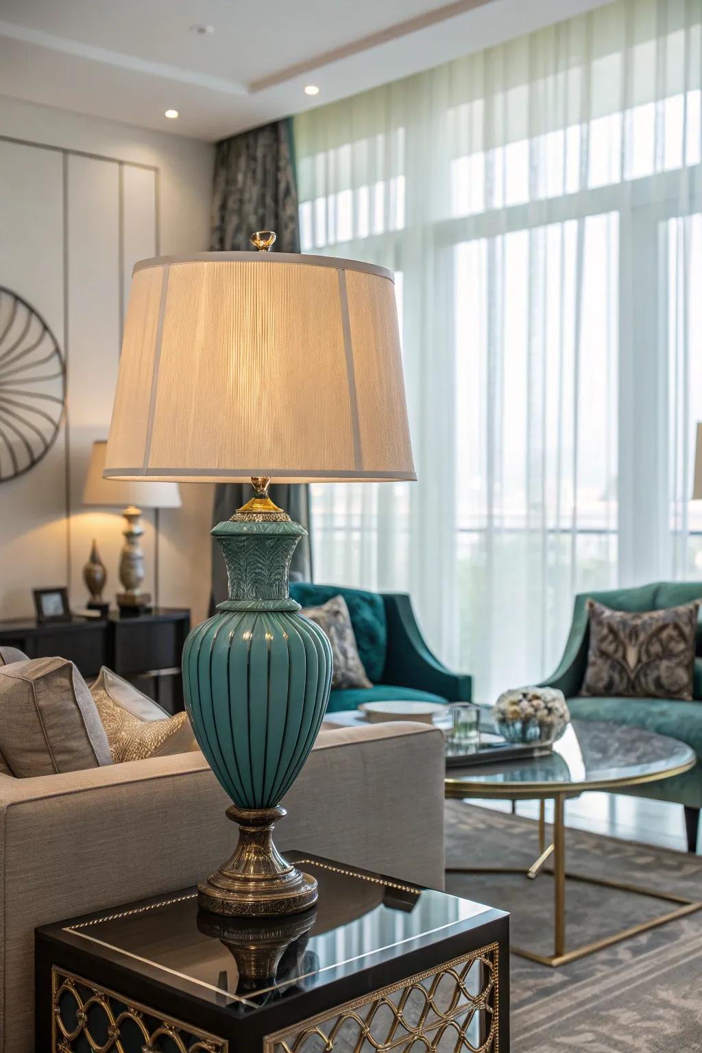 Teal lighting adds a cohesive and ambient touch to the space.