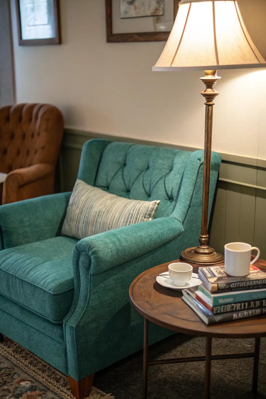 A teal loveseat creates a charming and intimate nook.
