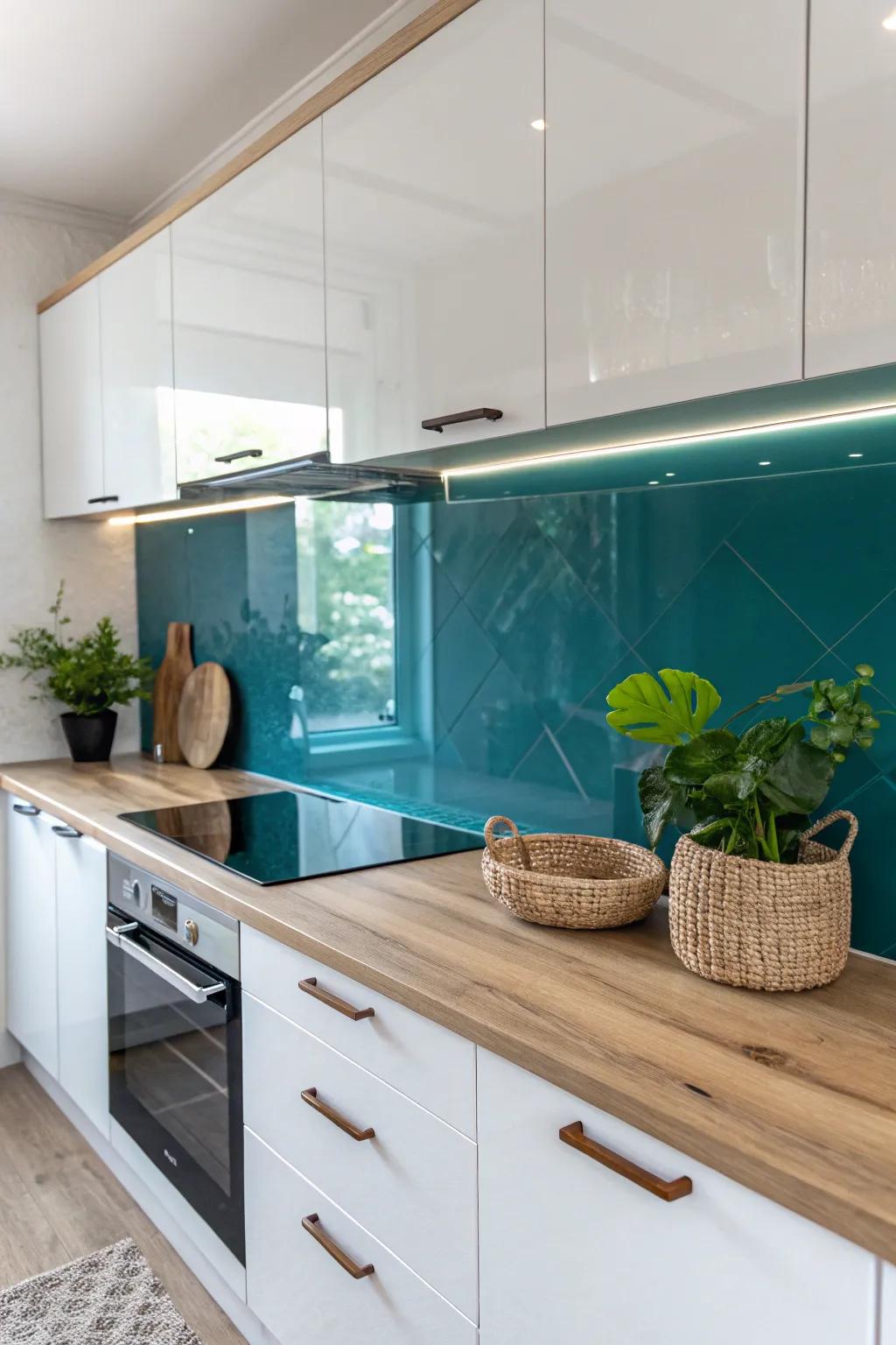 Transform your kitchen with a touch of sleek sophistication using a bold glass panel backsplash. #KitchenDesign #MinimalistBeauty