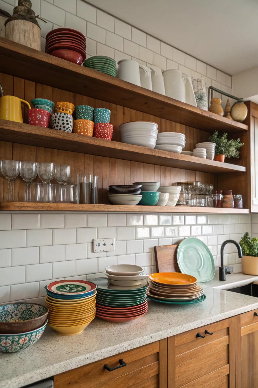 Exposed shelving blending functionality and style.