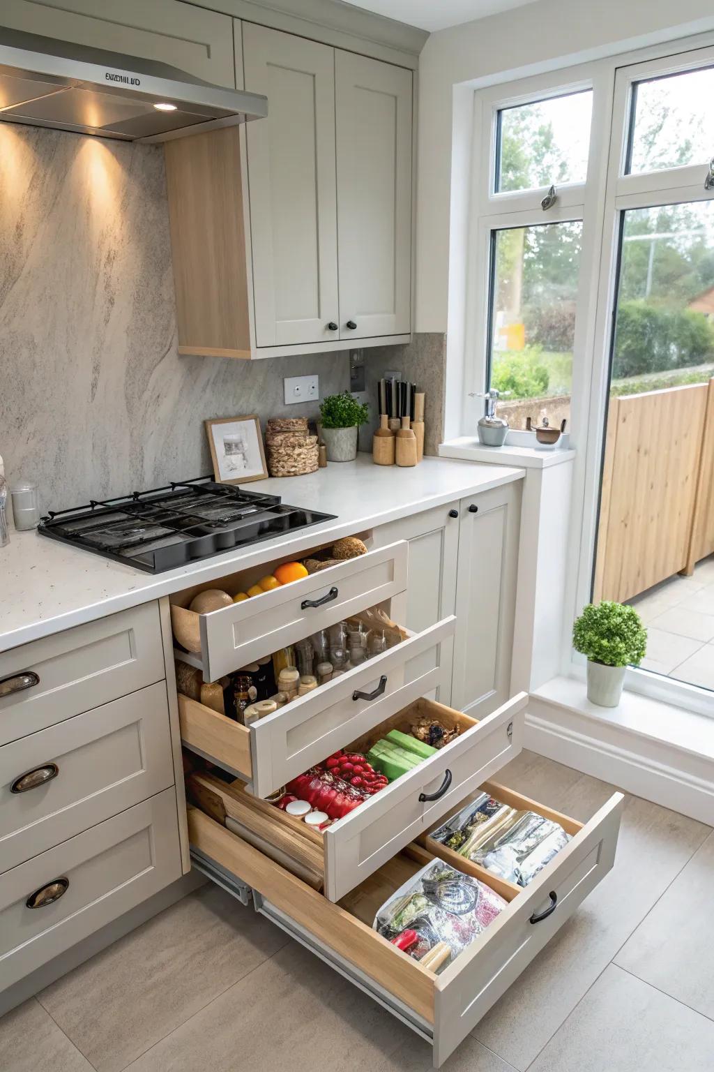 Concealed storage maintains order and eliminates clutter in a small kitchen.