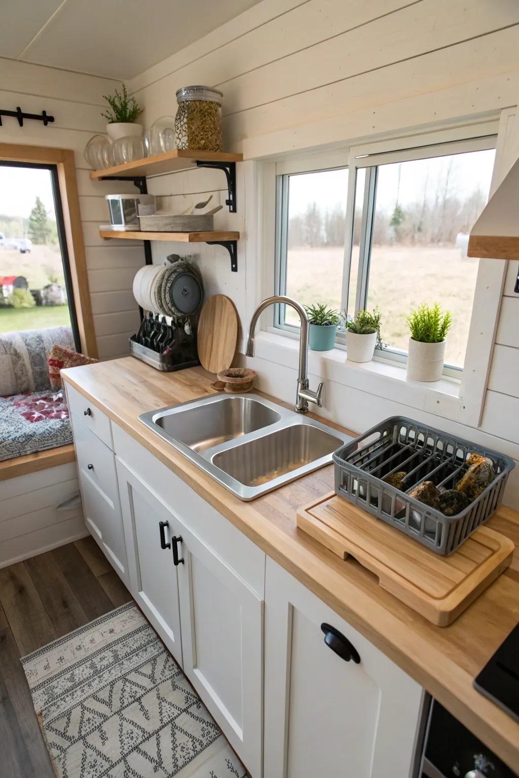 A multi-purpose sink doubling as a workstation in a tiny house kitchen.